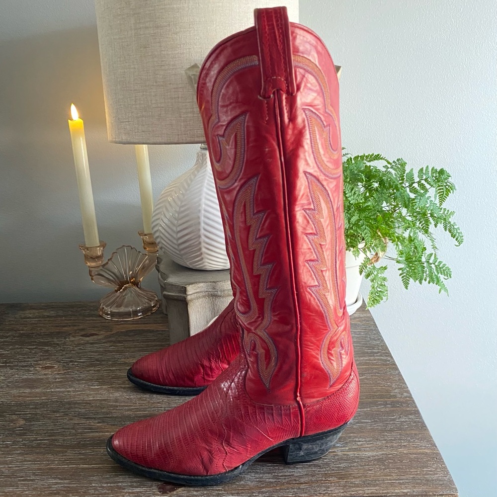 Vtg LARRY MAHAN Exotic Lizard Leather Tall Western Cowboy Boots Womens 8B Red - Picture 8 of 16